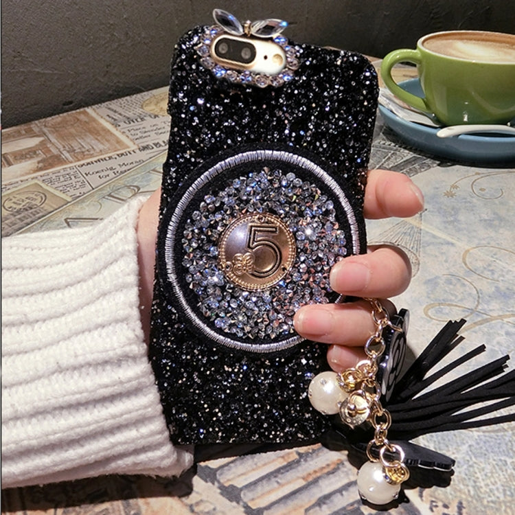 For iPhone 8 Plus & 7 Plus   Diamond Plastic Protective Back Cover Case with Flower Pandent(Black)