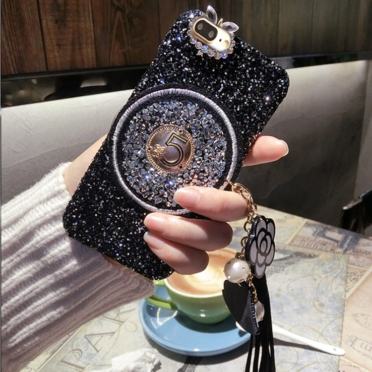 For iPhone 8 Plus & 7 Plus   Diamond Plastic Protective Back Cover Case with Flower Pandent(Black)