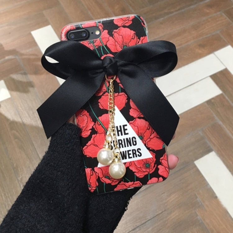 For iPhone 8 Plus & 7 Plus   Flower Pattern and Bowknot Full Coverage Soft Protective Back Cover Case with Pearl Pendant