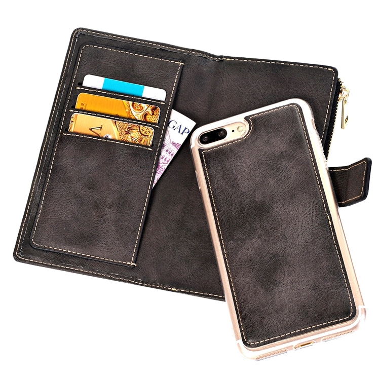 For iPhone 8 Plus & 7 Plus   Retro Style Crazy Horse Texture Horizontal Flip Leather Case with Separable Back Cover & Zip Fastener & Card Slot & Wallet & Magnetic Buckle