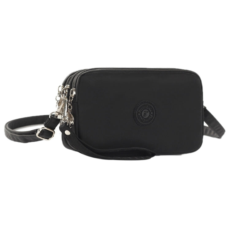 Large Capacity Three Layers Zipper Nylon Phone Protective Case Lady Shoulder Bag Hand Bag Coins Bag, Shoulder Strap Length: about 100-150cm (Black)