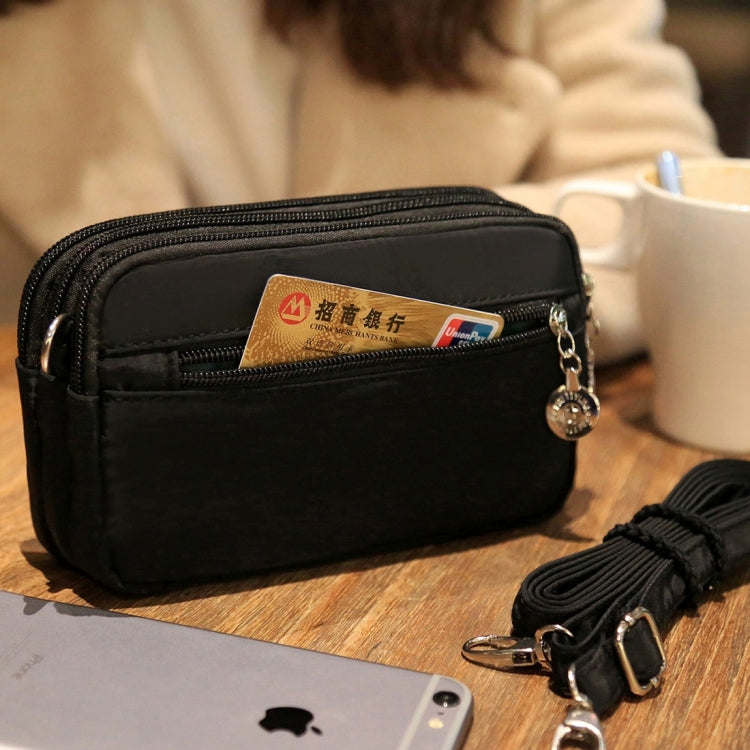 Large Capacity Three Layers Zipper Nylon Phone Protective Case Lady Shoulder Bag Hand Bag Coins Bag, Shoulder Strap Length: about 100-150cm (Black)