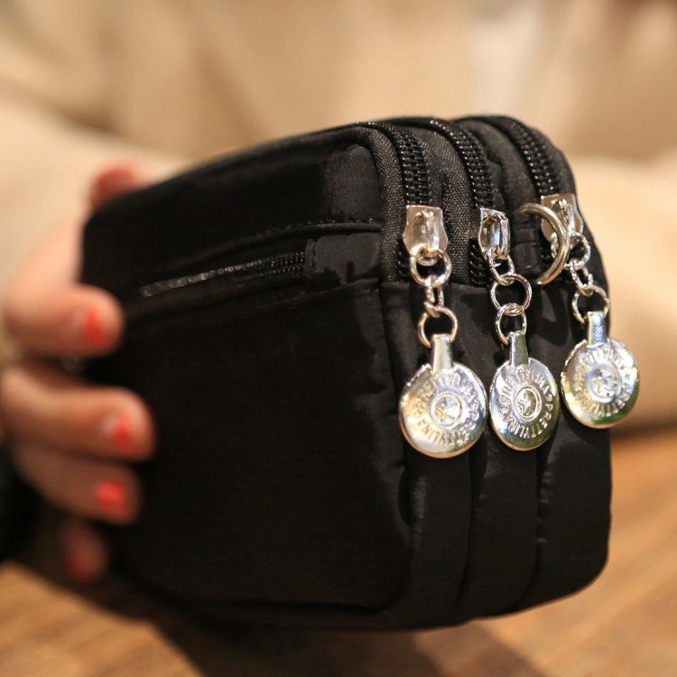 Large Capacity Three Layers Zipper Nylon Phone Protective Case Lady Shoulder Bag Hand Bag Coins Bag, Shoulder Strap Length: about 100-150cm (Black)