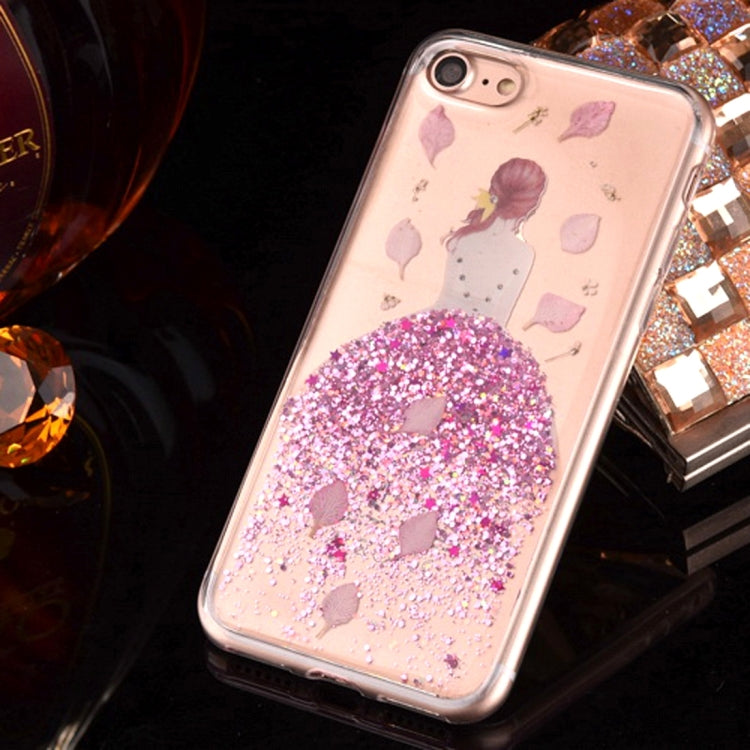 For iPhone 8 Plus & 7 Plus   Epoxy Dripping Pressed Real Dried Falling Flowers Glitter Powder Girl Soft TPU Protective Case Back Cover