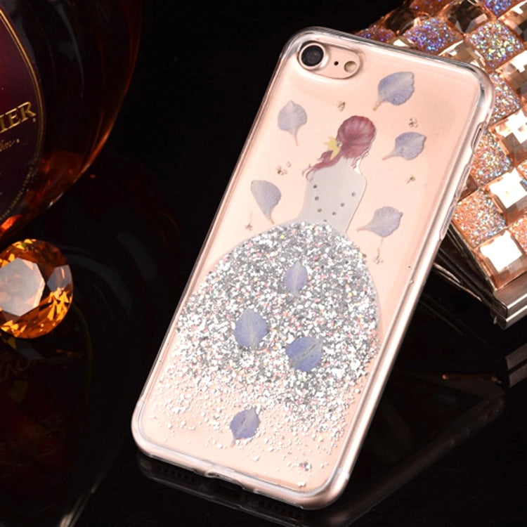 For iPhone 8 Plus & 7 Plus   Epoxy Dripping Pressed Real Dried Falling Flowers Glitter Powder Girl Soft TPU Protective Case Back Cover