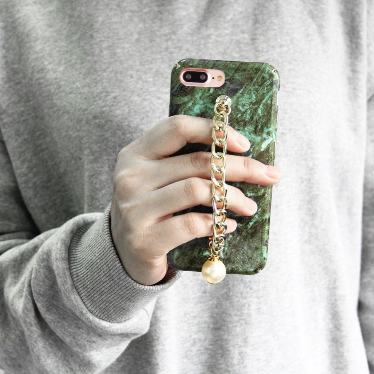 For iPhone 8 Plus & 7 Plus   Retro Marble Pattern Chain Pearl Pendant PC Protective Case