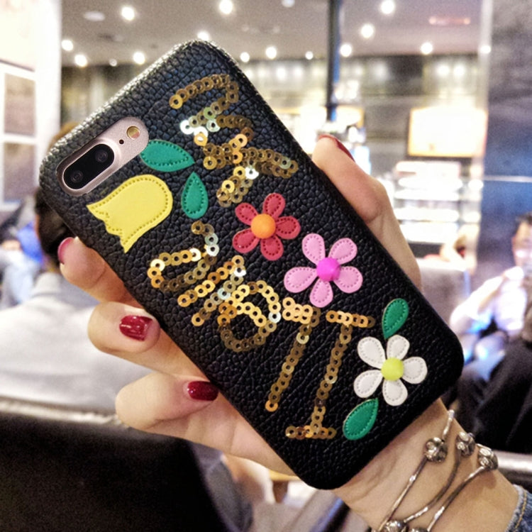 For iPhone 8 Plus & 7 Plus   Sequins Flower Pattern Leather Protective Cover Case (Black)