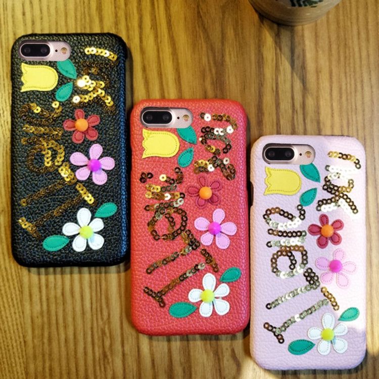 For iPhone 8 Plus & 7 Plus   Sequins Flower Pattern Leather Protective Cover Case (Black)