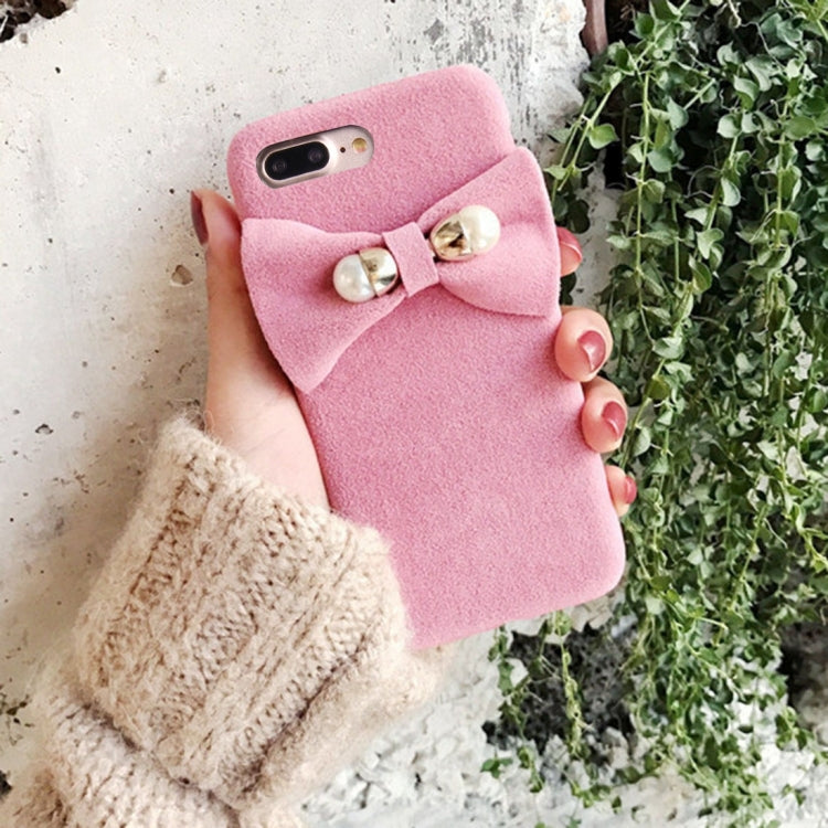 For iPhone 8 Plus & 7 Plus   3D Pearl Bowknot Plush Cloth Protective Back Cover Case