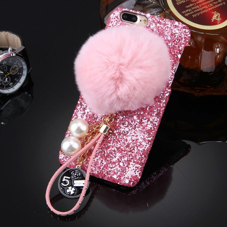 For iPhone 8 Plus & 7 Plus   Rabbit Fur Ball Twinkling Paillette Protective Back Cover Case with Pearl Pendant Lanyard (Pink)