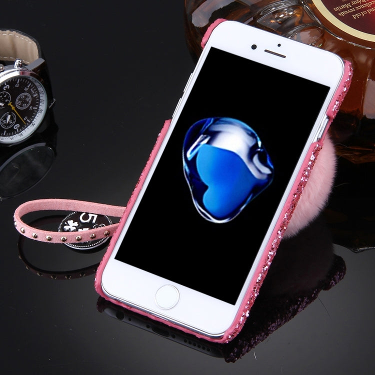 For iPhone 8 Plus & 7 Plus   Rabbit Fur Ball Twinkling Paillette Protective Back Cover Case with Pearl Pendant Lanyard (Pink)