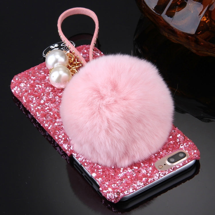 For iPhone 8 Plus & 7 Plus   Rabbit Fur Ball Twinkling Paillette Protective Back Cover Case with Pearl Pendant Lanyard (Pink)