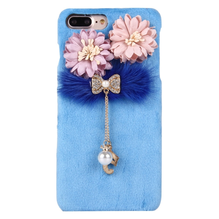 For iPhone 8 Plus & 7 Plus   3D Flower Plush Cloth Cover PC Protective Case with Diamond Encrusted Bowknot Chain Pendant
