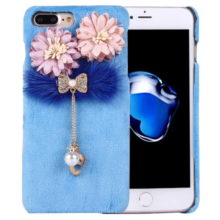 For iPhone 8 Plus & 7 Plus   3D Flower Plush Cloth Cover PC Protective Case with Diamond Encrusted Bowknot Chain Pendant