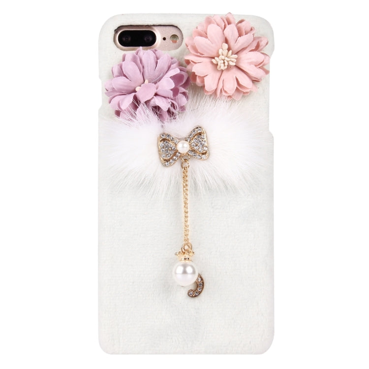 For iPhone 8 Plus & 7 Plus   3D Flower Plush Cloth Cover PC Protective Case with Diamond Encrusted Bowknot Chain Pendant