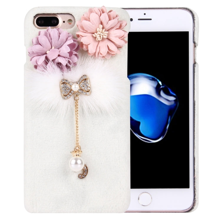 For iPhone 8 Plus & 7 Plus   3D Flower Plush Cloth Cover PC Protective Case with Diamond Encrusted Bowknot Chain Pendant