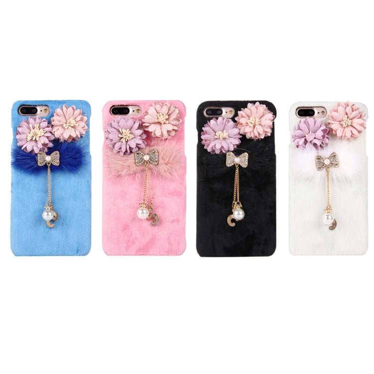 For iPhone 8 Plus & 7 Plus   3D Flower Plush Cloth Cover PC Protective Case with Diamond Encrusted Bowknot Chain Pendant