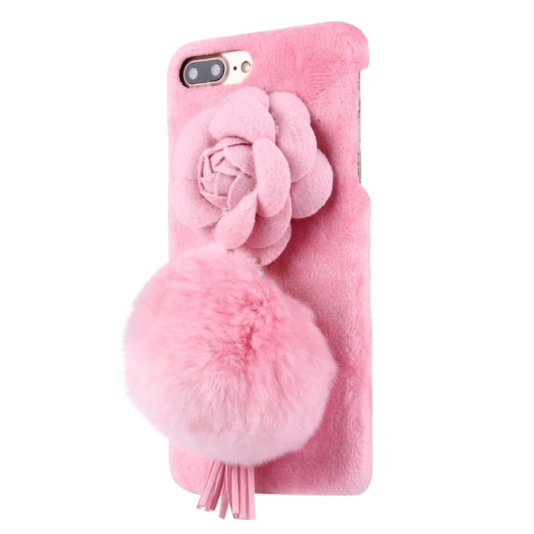 For iPhone 8 Plus & 7 Plus   3D Camellia Flower Furry Ball Plush Cloth Cover PC Protective Case