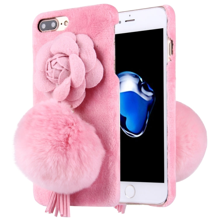 For iPhone 8 Plus & 7 Plus   3D Camellia Flower Furry Ball Plush Cloth Cover PC Protective Case