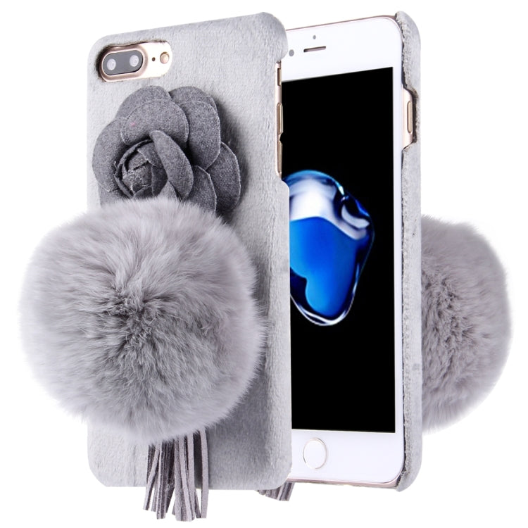 For iPhone 8 Plus & 7 Plus   3D Camellia Flower Furry Ball Plush Cloth Cover PC Protective Case