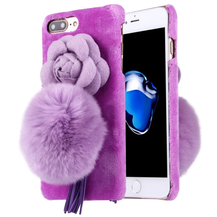 For iPhone 8 Plus & 7 Plus   3D Camellia Flower Furry Ball Plush Cloth Cover PC Protective Case