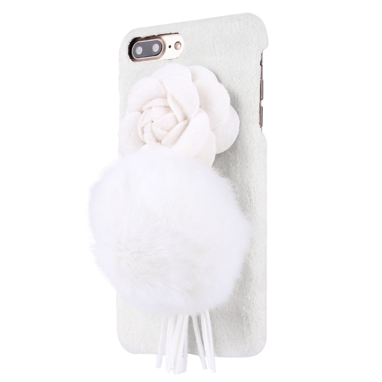For iPhone 8 Plus & 7 Plus   3D Camellia Flower Furry Ball Plush Cloth Cover PC Protective Case