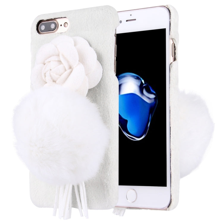 For iPhone 8 Plus & 7 Plus   3D Camellia Flower Furry Ball Plush Cloth Cover PC Protective Case