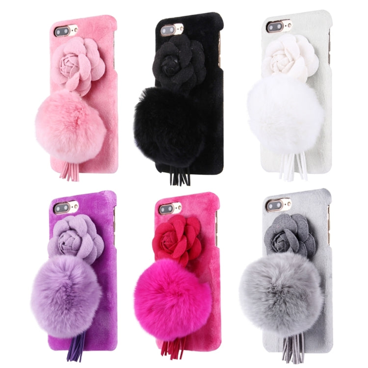 For iPhone 8 Plus & 7 Plus   3D Camellia Flower Furry Ball Plush Cloth Cover PC Protective Case