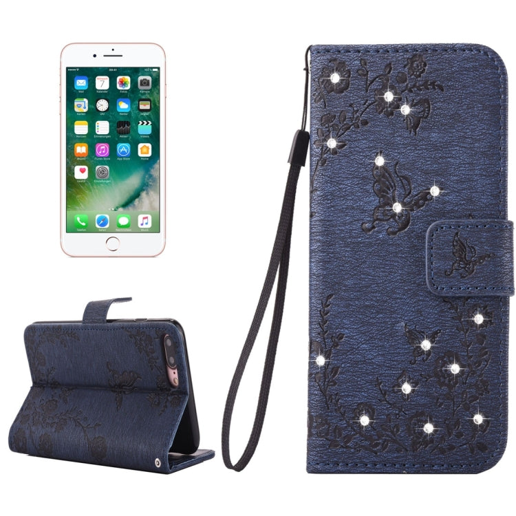 For iPhone 8 Plus & 7 Plus   Diamante Butteryfly Pressed Flowers Pattern Horizontal Flip Leather Case with Holder & Card Slots & Wallet & Lanyard