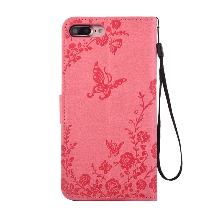 For iPhone 8 Plus & 7 Plus   Diamante Butteryfly Pressed Flowers Pattern Horizontal Flip Leather Case with Holder & Card Slots & Wallet & Lanyard