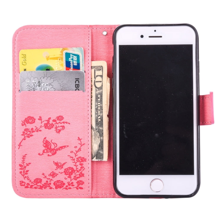 For iPhone 8 Plus & 7 Plus   Diamante Butteryfly Pressed Flowers Pattern Horizontal Flip Leather Case with Holder & Card Slots & Wallet & Lanyard