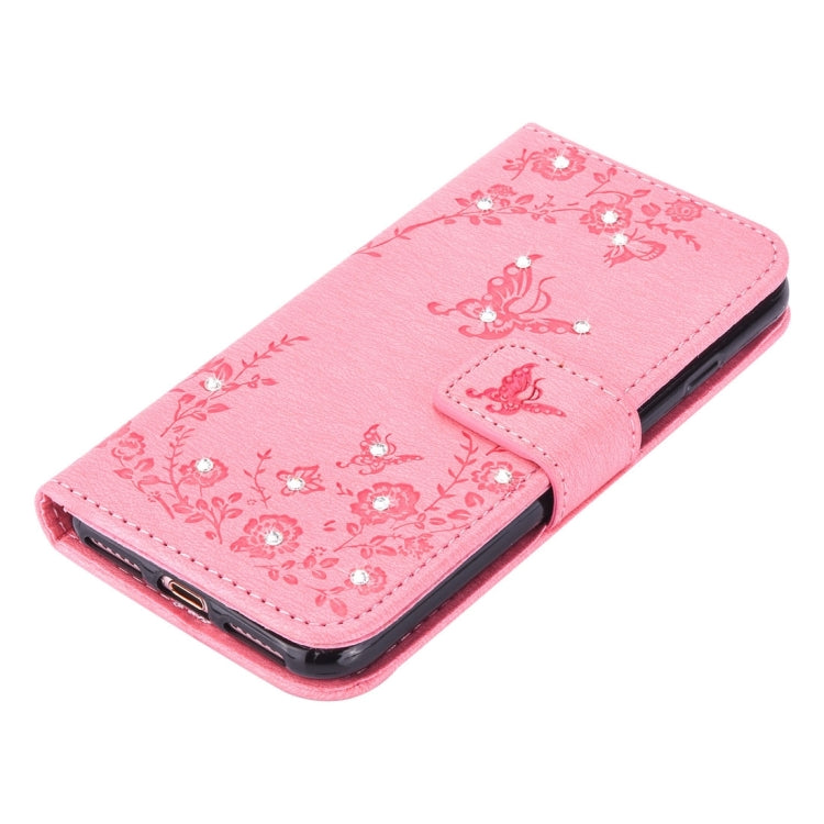 For iPhone 8 Plus & 7 Plus   Diamante Butteryfly Pressed Flowers Pattern Horizontal Flip Leather Case with Holder & Card Slots & Wallet & Lanyard