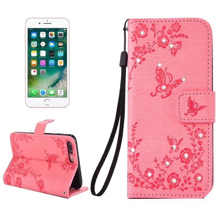 For iPhone 8 Plus & 7 Plus   Diamante Butteryfly Pressed Flowers Pattern Horizontal Flip Leather Case with Holder & Card Slots & Wallet & Lanyard