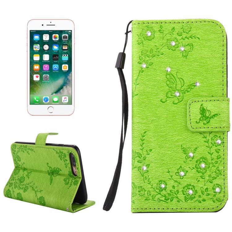 For iPhone 8 Plus & 7 Plus   Diamante Butteryfly Pressed Flowers Pattern Horizontal Flip Leather Case with Holder & Card Slots & Wallet & Lanyard