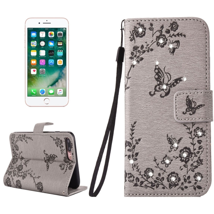 For iPhone 8 Plus & 7 Plus   Diamante Butteryfly Pressed Flowers Pattern Horizontal Flip Leather Case with Holder & Card Slots & Wallet & Lanyard