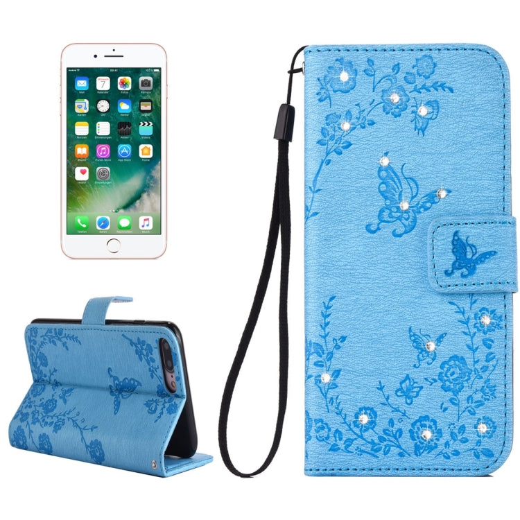 For iPhone 8 Plus & 7 Plus   Diamante Butteryfly Pressed Flowers Pattern Horizontal Flip Leather Case with Holder & Card Slots & Wallet & Lanyard