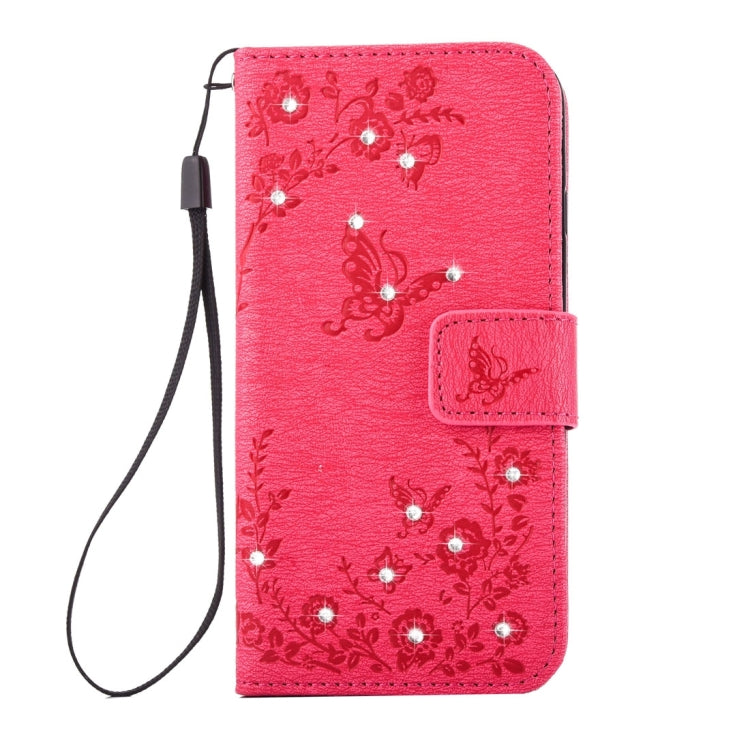 For iPhone 8 Plus & 7 Plus   Diamante Butteryfly Pressed Flowers Pattern Horizontal Flip Leather Case with Holder & Card Slots & Wallet & Lanyard