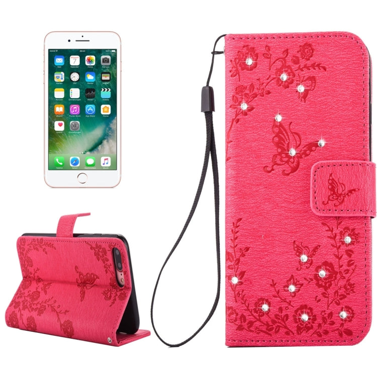 For iPhone 8 Plus & 7 Plus   Diamante Butteryfly Pressed Flowers Pattern Horizontal Flip Leather Case with Holder & Card Slots & Wallet & Lanyard