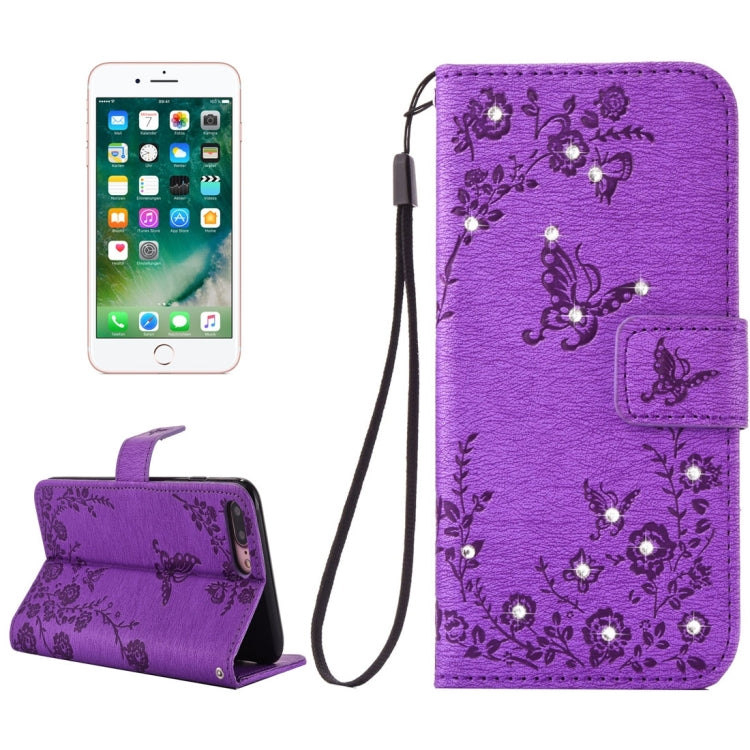 For iPhone 8 Plus & 7 Plus   Diamante Butteryfly Pressed Flowers Pattern Horizontal Flip Leather Case with Holder & Card Slots & Wallet & Lanyard