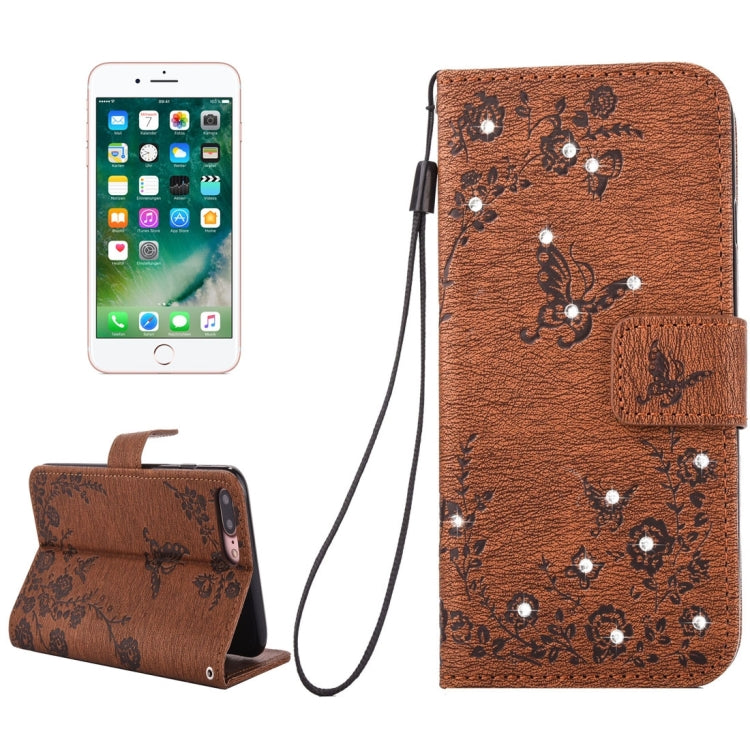 For iPhone 8 Plus & 7 Plus   Diamante Butteryfly Pressed Flowers Pattern Horizontal Flip Leather Case with Holder & Card Slots & Wallet & Lanyard
