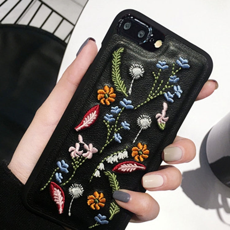 For iPhone 8 Plus & 7 Plus   Embroidery Green Leaves and Flowers Pattern Protective Back Cover Case(Black)