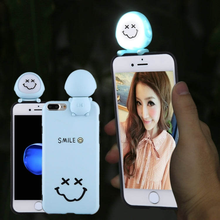 For iPhone 8 Plus & 7 Plus   Cute 3D Dolls Smiling Face Pattern Self-timer Fill Light IMD Protective Back Cover Case with 27cm USB Cable (Blue)
