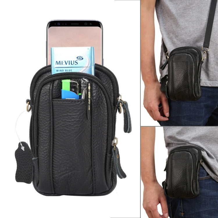 6.3 inch and Below Universal Litchi Texture Genuine Leather Men Vertical Style Case Double Zipper Shoulder Carrying Bag with Belt Hole for Sony, Huawei, Meizu, Lenovo, ASUS, Cubot, Oneplus, Xiaomi, Ulefone, Letv, DOOGEE, Vkworld, and other Smartphones