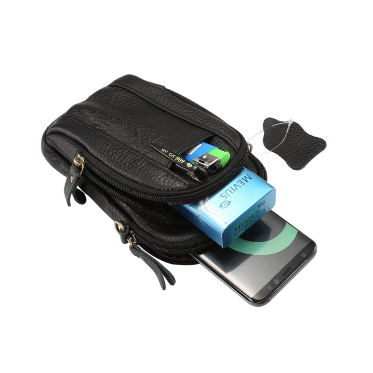 6.3 inch and Below Universal Litchi Texture Genuine Leather Men Vertical Style Case Double Zipper Shoulder Carrying Bag with Belt Hole for Sony, Huawei, Meizu, Lenovo, ASUS, Cubot, Oneplus, Xiaomi, Ulefone, Letv, DOOGEE, Vkworld, and other Smartphones