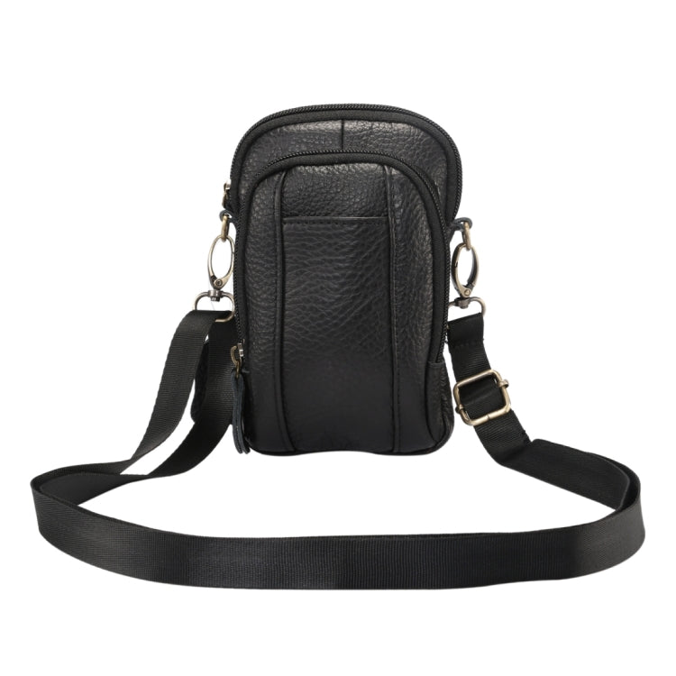 6.3 inch and Below Universal Litchi Texture Genuine Leather Men Vertical Style Case Double Zipper Shoulder Carrying Bag with Belt Hole for Sony, Huawei, Meizu, Lenovo, ASUS, Cubot, Oneplus, Xiaomi, Ulefone, Letv, DOOGEE, Vkworld, and other Smartphones