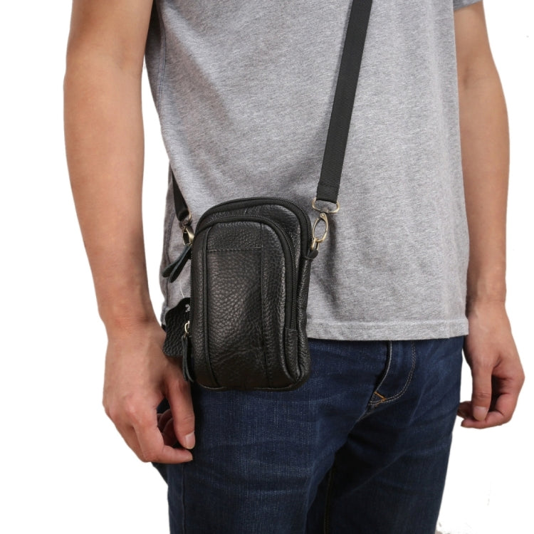 6.3 inch and Below Universal Litchi Texture Genuine Leather Men Vertical Style Case Double Zipper Shoulder Carrying Bag with Belt Hole for Sony, Huawei, Meizu, Lenovo, ASUS, Cubot, Oneplus, Xiaomi, Ulefone, Letv, DOOGEE, Vkworld, and other Smartphones