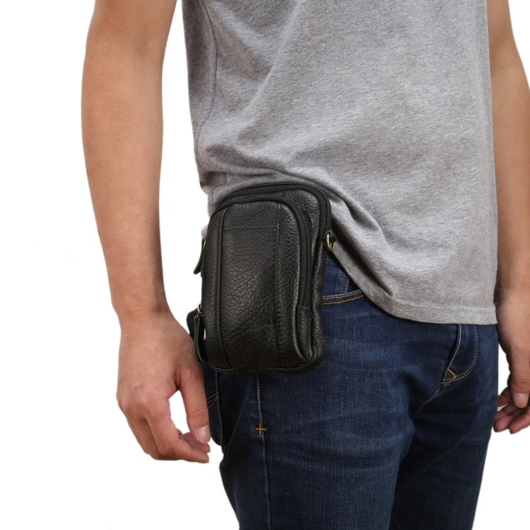 6.3 inch and Below Universal Litchi Texture Genuine Leather Men Vertical Style Case Double Zipper Shoulder Carrying Bag with Belt Hole for Sony, Huawei, Meizu, Lenovo, ASUS, Cubot, Oneplus, Xiaomi, Ulefone, Letv, DOOGEE, Vkworld, and other Smartphones