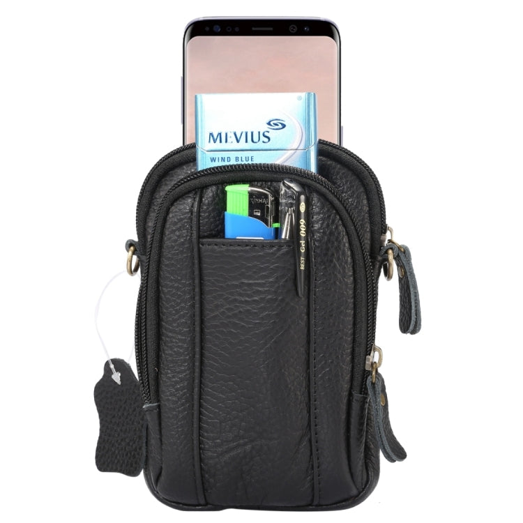6.3 inch and Below Universal Litchi Texture Genuine Leather Men Vertical Style Case Double Zipper Shoulder Carrying Bag with Belt Hole for Sony, Huawei, Meizu, Lenovo, ASUS, Cubot, Oneplus, Xiaomi, Ulefone, Letv, DOOGEE, Vkworld, and other Smartphones
