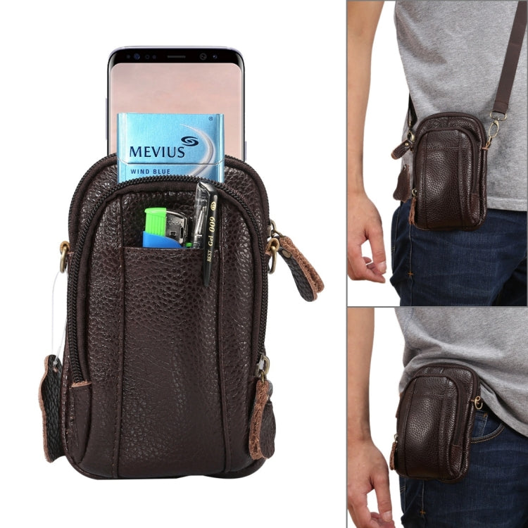 6.3 inch and Below Universal Litchi Texture Genuine Leather Men Vertical Style Case Double Zipper Shoulder Carrying Bag with Belt Hole for Sony, Huawei, Meizu, Lenovo, ASUS, Cubot, Oneplus, Xiaomi, Ulefone, Letv, DOOGEE, Vkworld, and other Smartphones