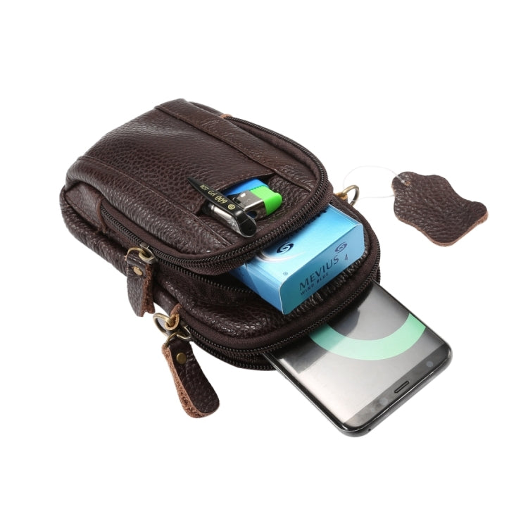 6.3 inch and Below Universal Litchi Texture Genuine Leather Men Vertical Style Case Double Zipper Shoulder Carrying Bag with Belt Hole for Sony, Huawei, Meizu, Lenovo, ASUS, Cubot, Oneplus, Xiaomi, Ulefone, Letv, DOOGEE, Vkworld, and other Smartphones